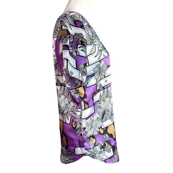 Olivia Rubin London Blouse Size 10 Purple Black Floral Print S/S Lined Satiny EU - Picture 2 of 8